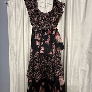 Off Shoulder Floral Black and Pink Dress